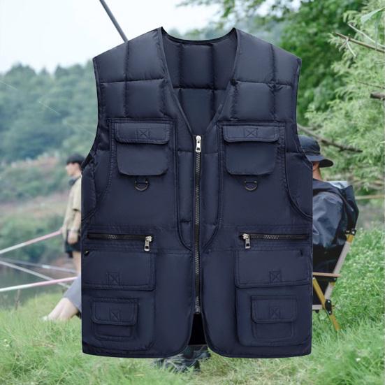 Men Waistcoat V-Neck Sleeveless Zipper Placket Vest Coat with Multi Pockets Solid Color Windproof Warm Down Vest Jacket