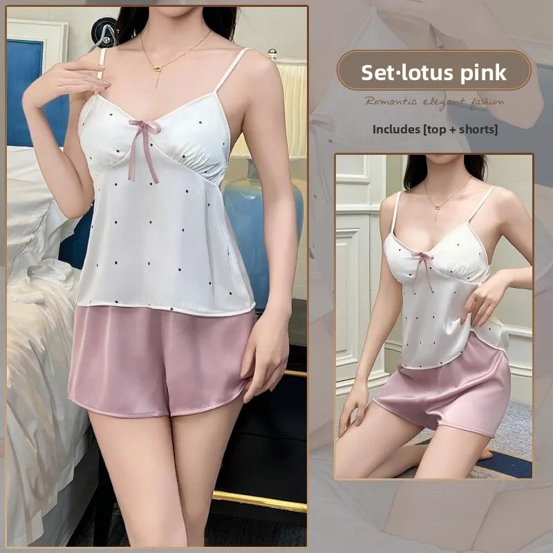 

Summer Ice Silk Sleepwear Sets Women s Strap Home Clothes Set with Chest Pad Sexy Short Pants Home Leisure Suit L розовый