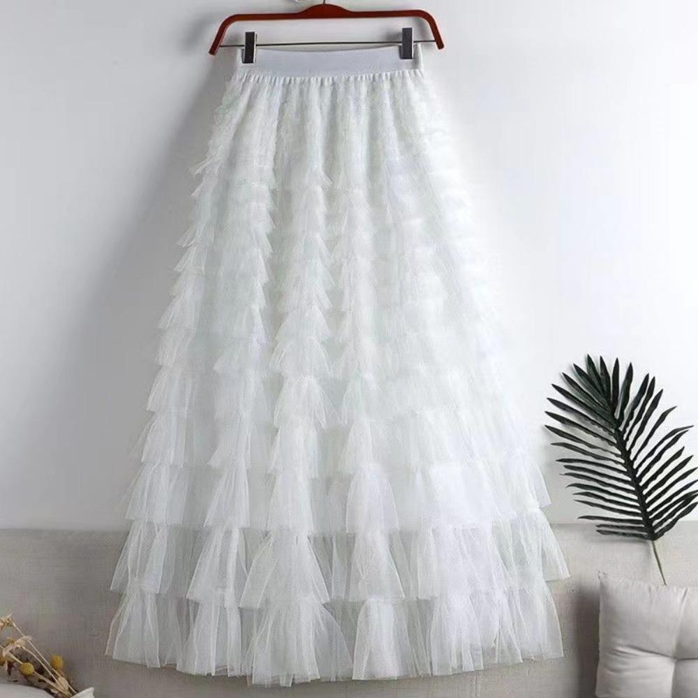 Women's Elastic Waist A‑Line Maxi Tulle Skirt Fresh Sweet Tiered Cake Long Skirt