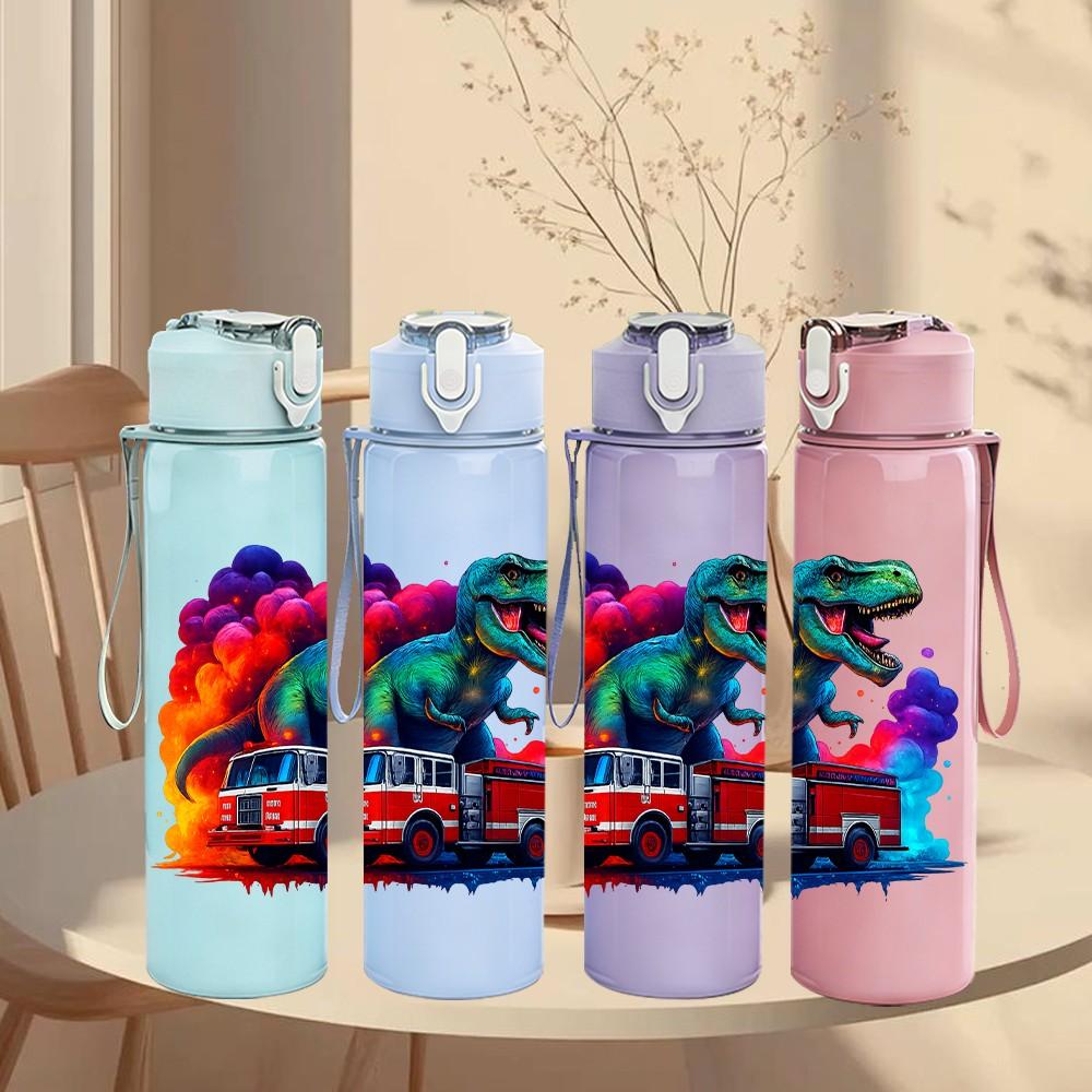 1PC Colorful Dino Truck Art Pattern 750ml Color Plastic Sports Water Bottle Leakproof Flip Straw Lid Suitable for Sports Office Home Use