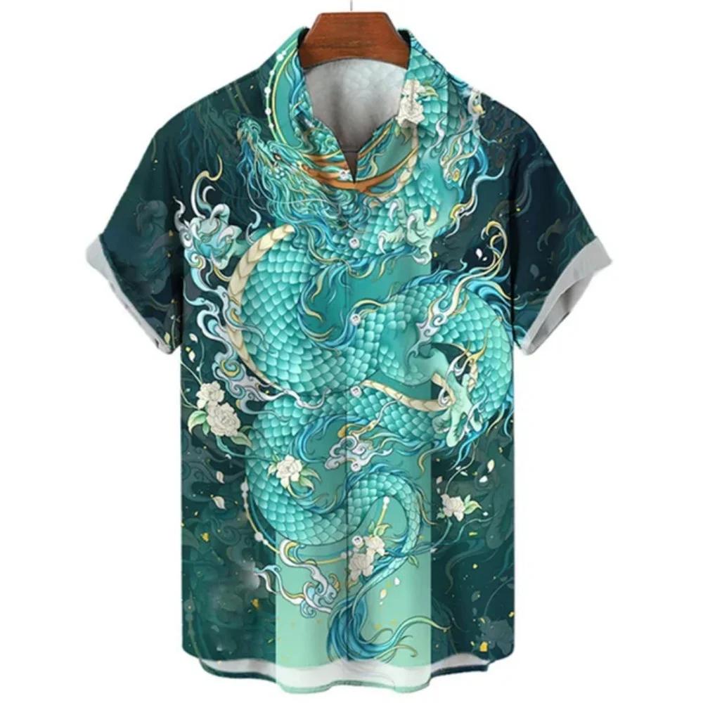 Summer Fashion Men's Dragon Pattern Element Shirt Casual Vintage Hawaiian Shirt Holiday Casual Men's and Women's Fashion Shirt