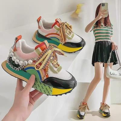 Scarpe da Papà da Donna Estive 2024 in Rete Traspirante con Suola Spessa e Perle - Stile Europeo.