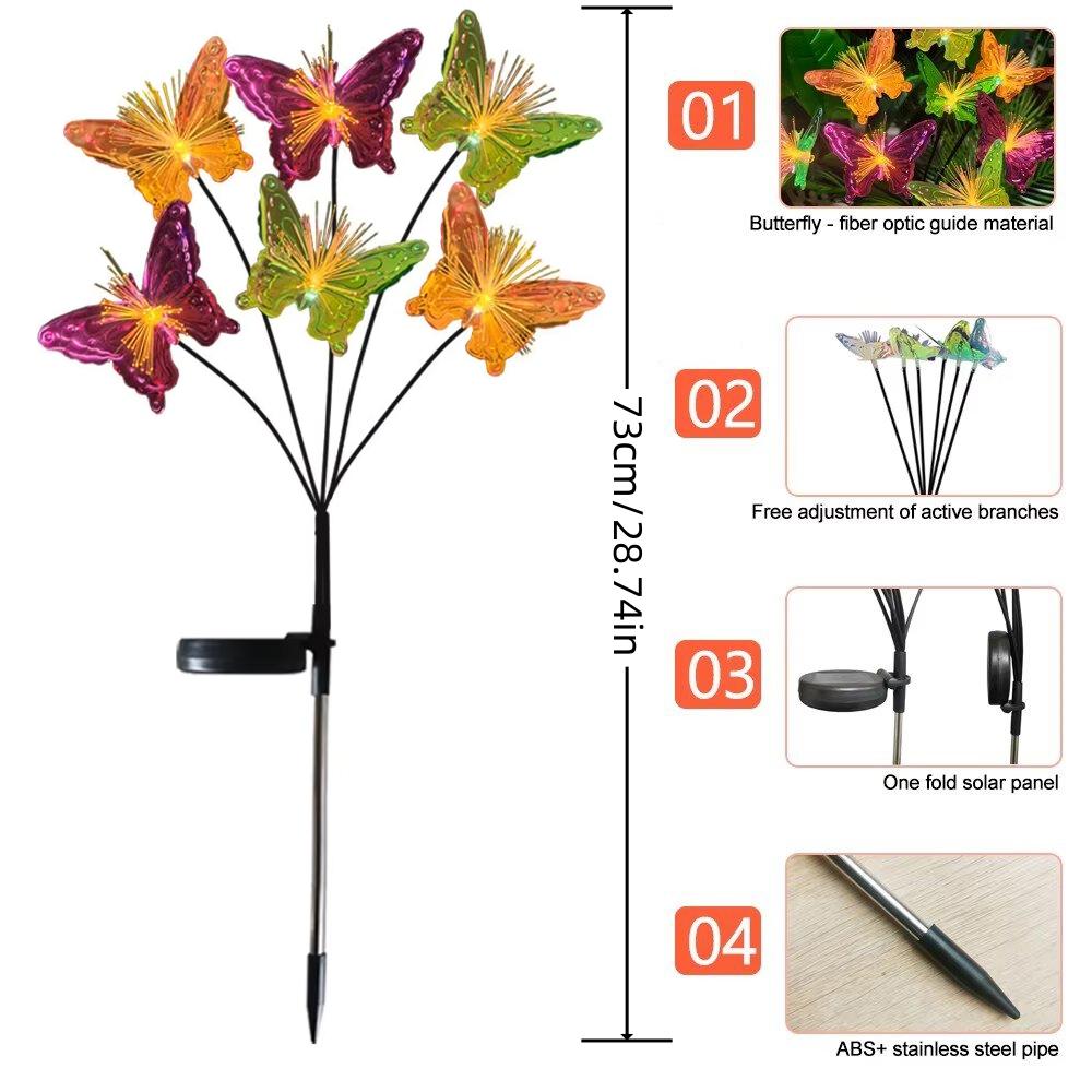 1PC 6-Head Solar LED Fiber Optic Butterfly Light Outdoor Decoration Light,Colorful Atmosphere Lighting For Ground,Lawn,Yard
