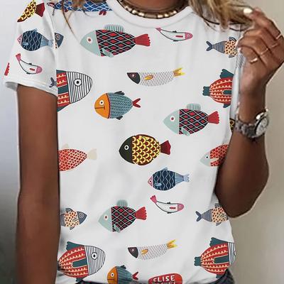 Women's Artistic Fish Print Short Sleeve T-Shirt, Casual Round Neck, Polyester, Machine Washable - Spring/Summer Collection, Short Sleeve Top