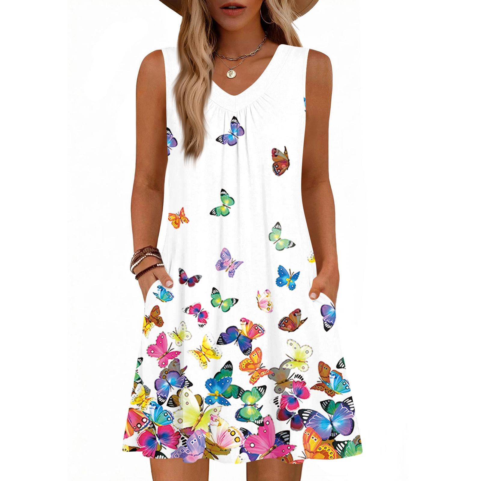 

Women s Fashion Printed Summer Sleeveless V-neck Tank Top Pocket Casual Loose Dress XL білий