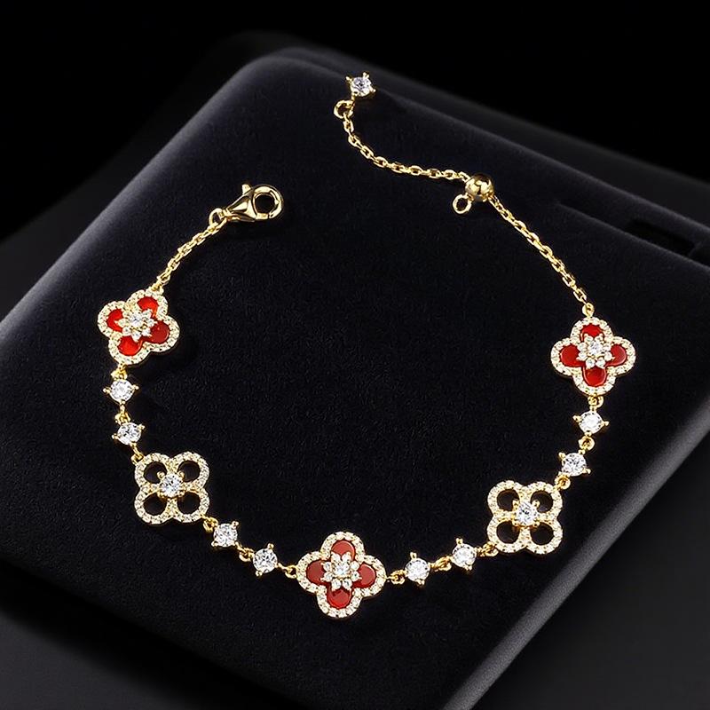 Hui Zhi Yi S925 Silver Four-Leaf Clover Red Agate Adjustable Bracelet for Women