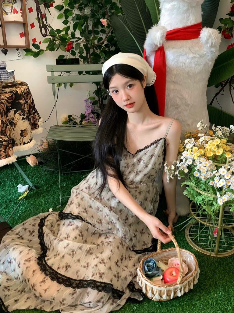 French sweet wear lace splicing cake dress summer niche thin long floral suspender dress