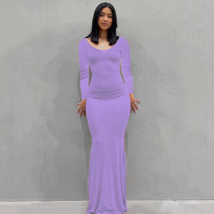 

YYFS Женская мода весна-осень однотонный принт длинный рукав V-образный вырез высокая талия повседневные платья XXXL фиолетовый