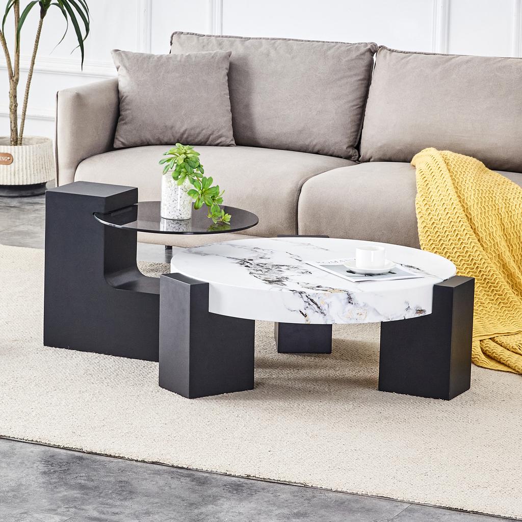 Modern Round Side Table, Two Levels, Grey Glass Plate, Black MDF, L-shape. White Marble-look Tabletop. Disassemblable Design, Flexible Space Use.
