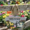 Resin Garden Welcome Sign with Flowers Birds Decorative Outdoor Garden Stone Plaque with Hemp Rope for Rustic Yard Lawn Patio Home Decor