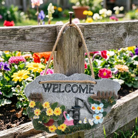 Resin Garden Welcome Sign with Flowers Birds Decorative Outdoor Garden Stone Plaque with Hemp Rope for Rustic Yard Lawn Patio Home Decor