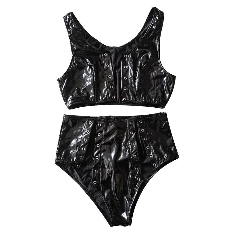 Moon's new sexy patent leather split strap sex set two-piece set