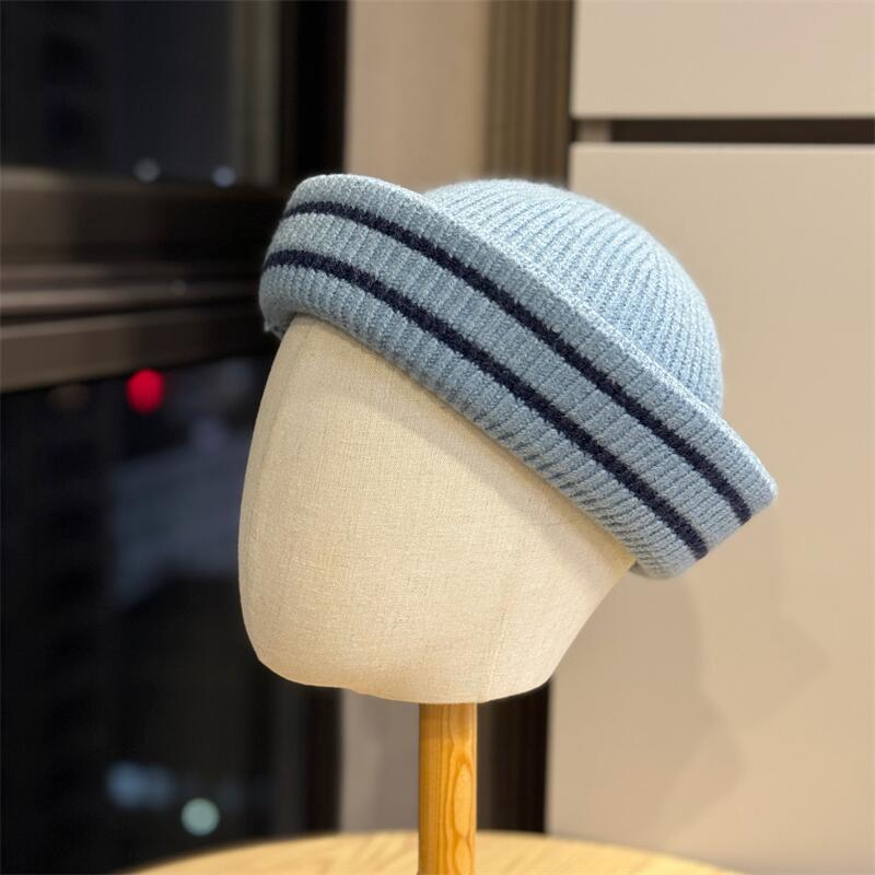 Outdoor design sense 1111 color matching striped handmade knitted sailor hat women's autumn and winter versatile face small wool basin hat