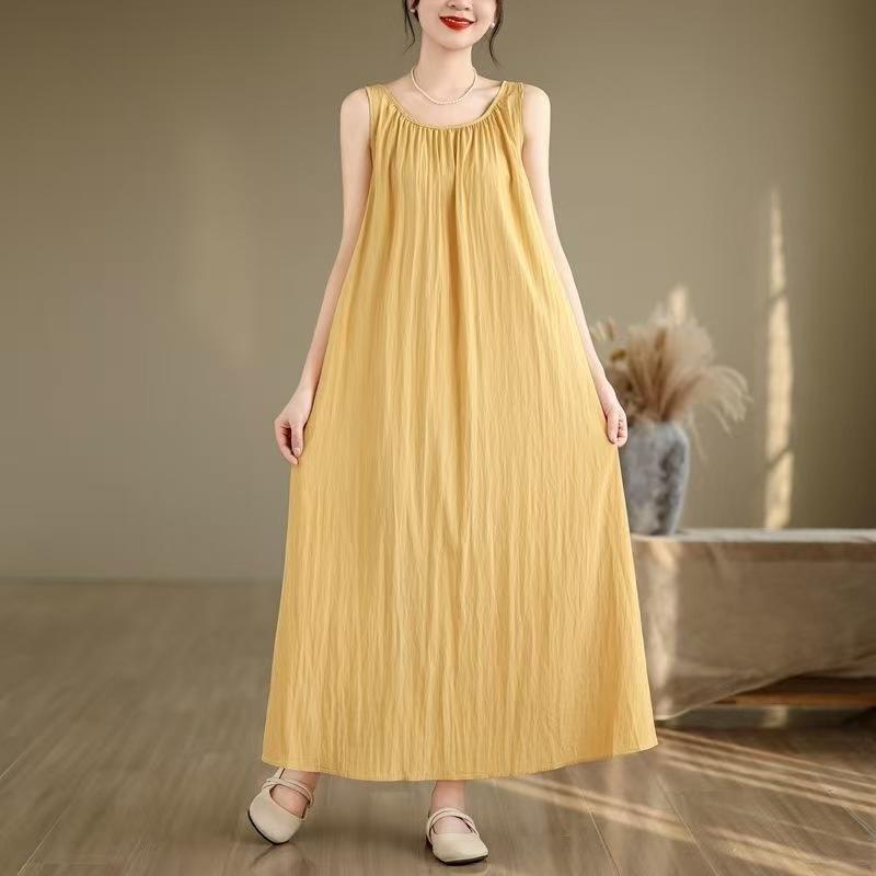 Baumwoll-Leinen-Weste Rock Damen Literarisch Retro Kleid Sommer Locker Ärmellos Falten Dünn Langrock