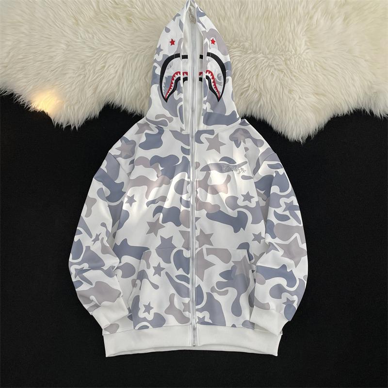 Bluza z kapturem na zamek High Street Camo Shark - Unisex, Styl BF, Długi rękaw z haftem ręcznikowym