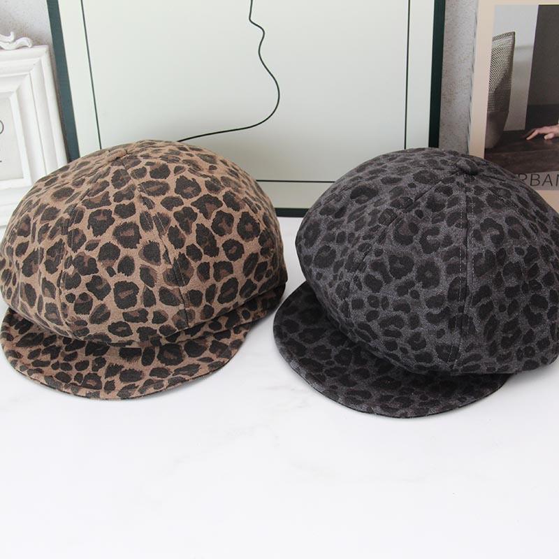 Retro Leopard Print Octagonal Newsboy Hat Female Autumn and Winter Maillard Shows Her Face Little British Forward Hat Versatile Short Brim Hat Tide
