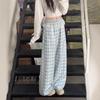 Lace Trim Blue Plaid Women's Wide-Leg Pants: High Waist, Loose Fit, Spring/Autumn 2025