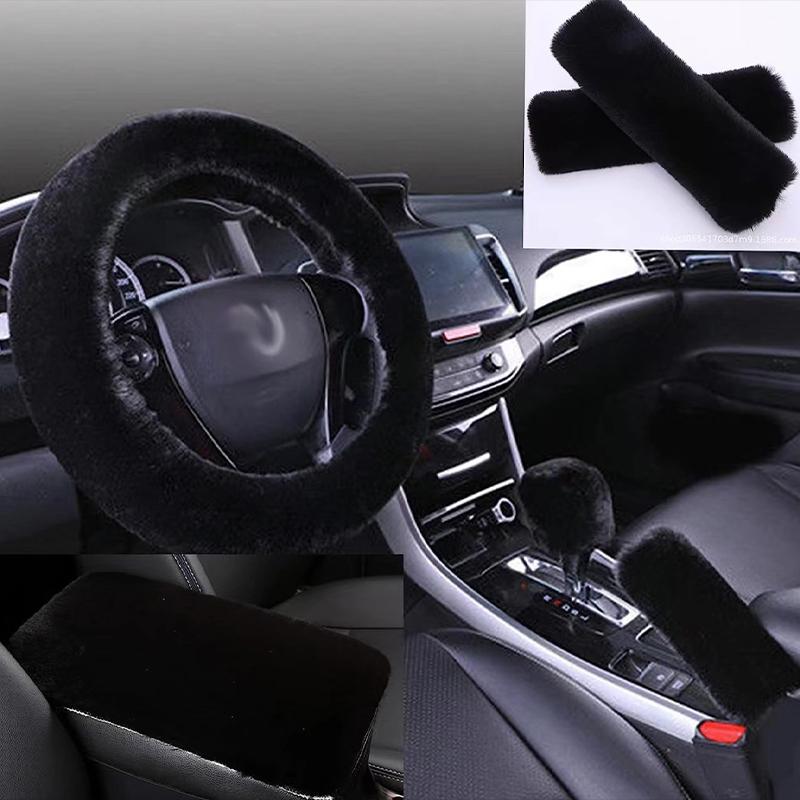 Plush Car Steering Wheel Cover 6piece Set Winter Warmth And Elastic Non Slip Handle Cover Women's Car Interior Accessories