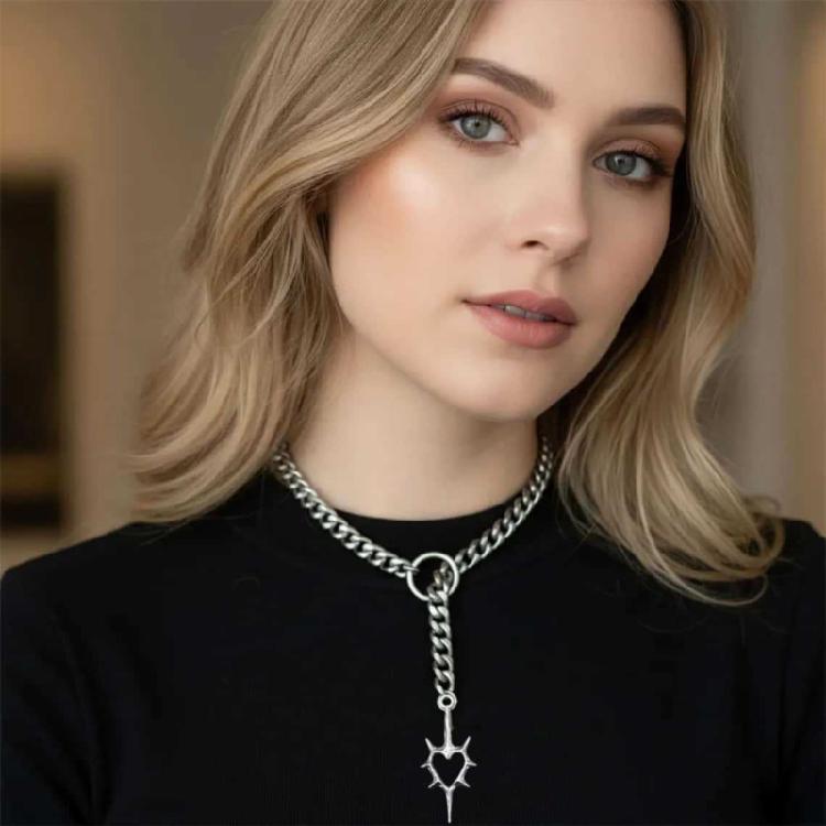 Punk Inspired Openwork Heart With Thorns O Ring Necklace Stainless Steel Adjustable Chain Clavicle Accessories