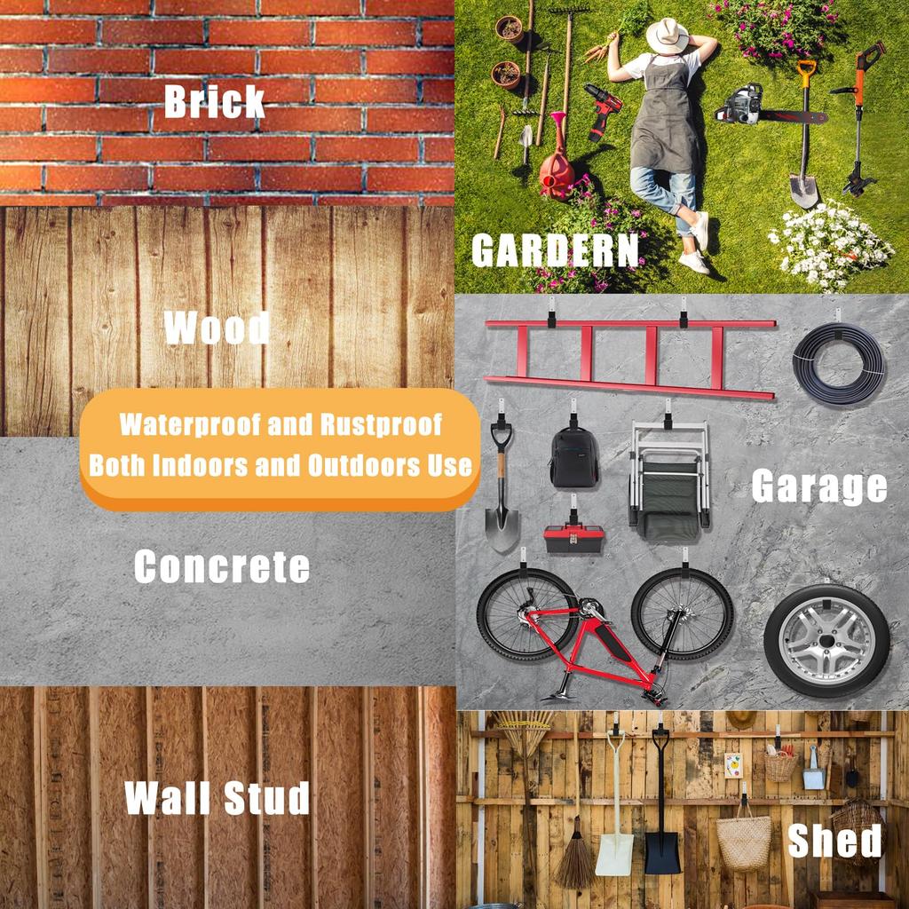 Heavy Duty Wall Mount Garage Storage Hooks: 4 Pieces Steel Utility Hanger Set 2 Small 2 Medium - Holds Ladders Hoses Bikes for Garage Organization
