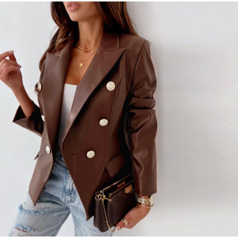 

Женская куртка для поездок на работу, осень-зима, новая, с длинными рукавами, двубортная, модная, из искусственной кожи, пиджак XL кофейный