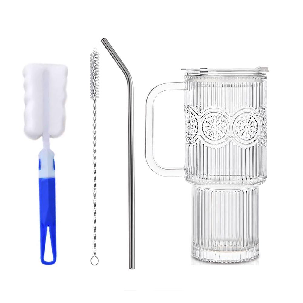 16oz Glass Tumbler Glass Iced Coffee Cup with Lids and Straws Handle-Wide Mouth for Smoothies, Tea, Juice Drinks & Summer Gifts 500ml