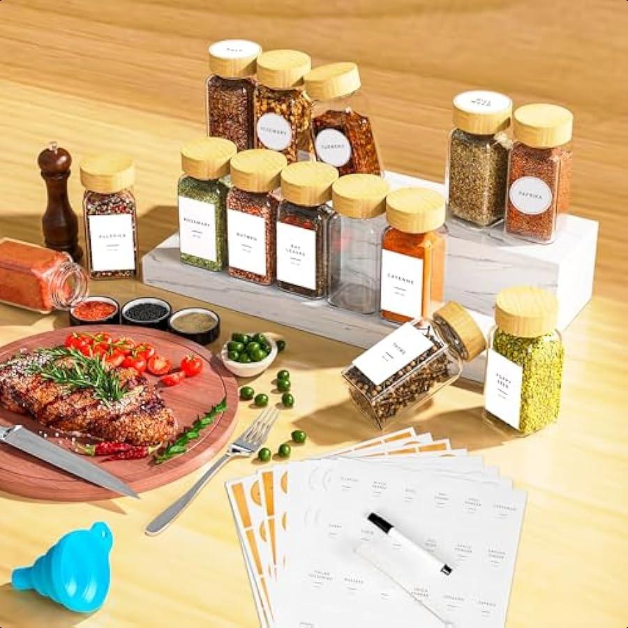 24 Glass Spice Jars with Label Spice Jar Set with Bamboo Lids 4oz Seasoning Containers Shakers and Spice Labels Empty Spice Bot