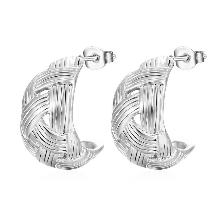Gridded Semicircular Stainless Steel Earrings Women's Retro Style High-end Light Luxury Plated 18K Ear Jewelry