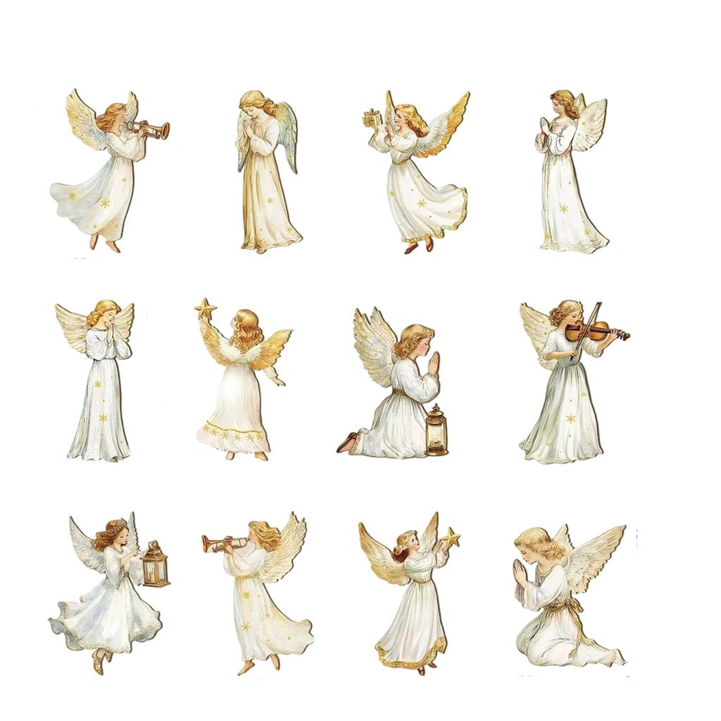 2D 12 Piece Set Of Victorians Angel Wooden Decoration Set, Traditional Holiday Home Window Decoration