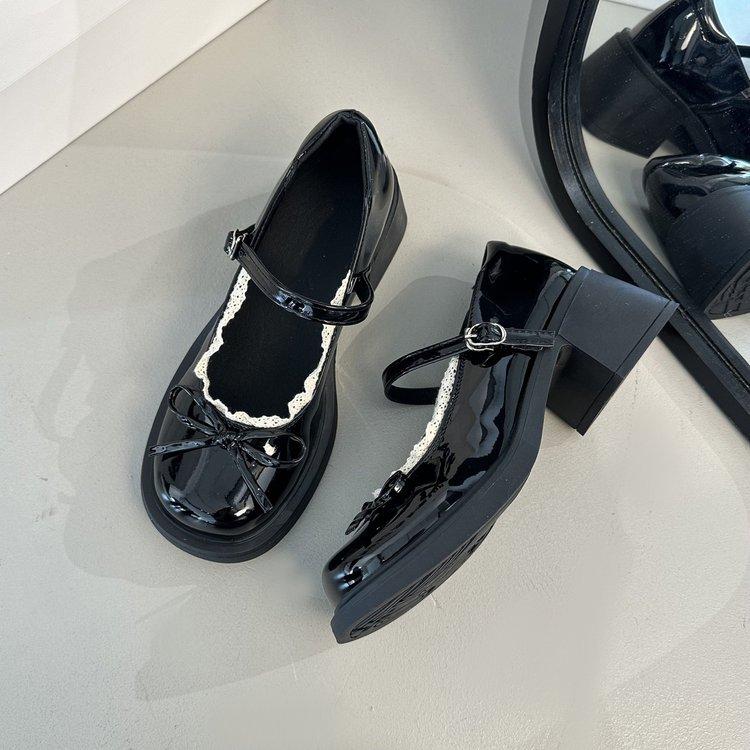 

Thick heel Mary Jane shoes women s 2025 autumn new versatile light mouth lace bow Japanese jk with skirt small leather 35 чёрный