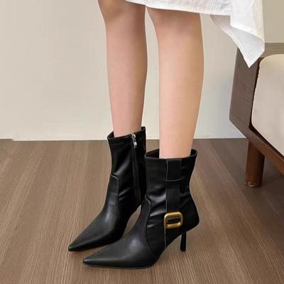 Moteriški Batai Kulkšnies Moteriški Batai Elegantiški Šiuolaikiški Batai Moteriški Smailus Pirštas Siuvimas Šoninis Užtrauktukas Aukštas Plonas Kulnas Sagtis Batai Moteriški