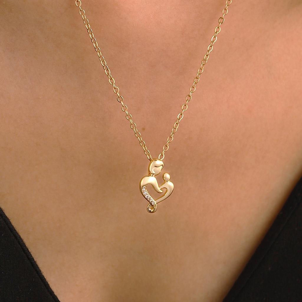 Multi-Tone Mom & Child Pendant Necklace Set, Heart & Family Silhouette Necklaces for Mother's Day