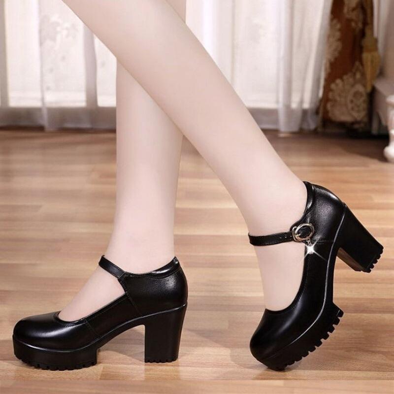 

British thick high heels Mary Jane shoes round head leather shoes platform sole shallow mouth single shoes 2025 new retro high heels women 40 чёрный