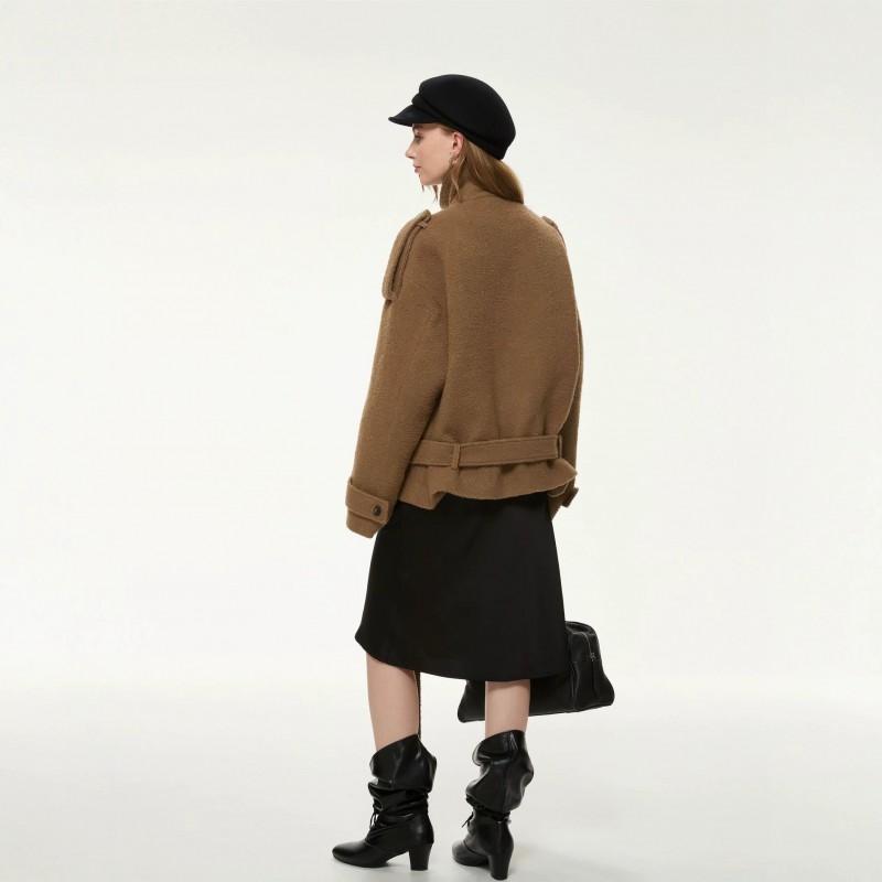 Oakland Vintage Womens Wool Blend Coat Loose Fit Stand Collar Single Breasted Belted Casual Outerwear