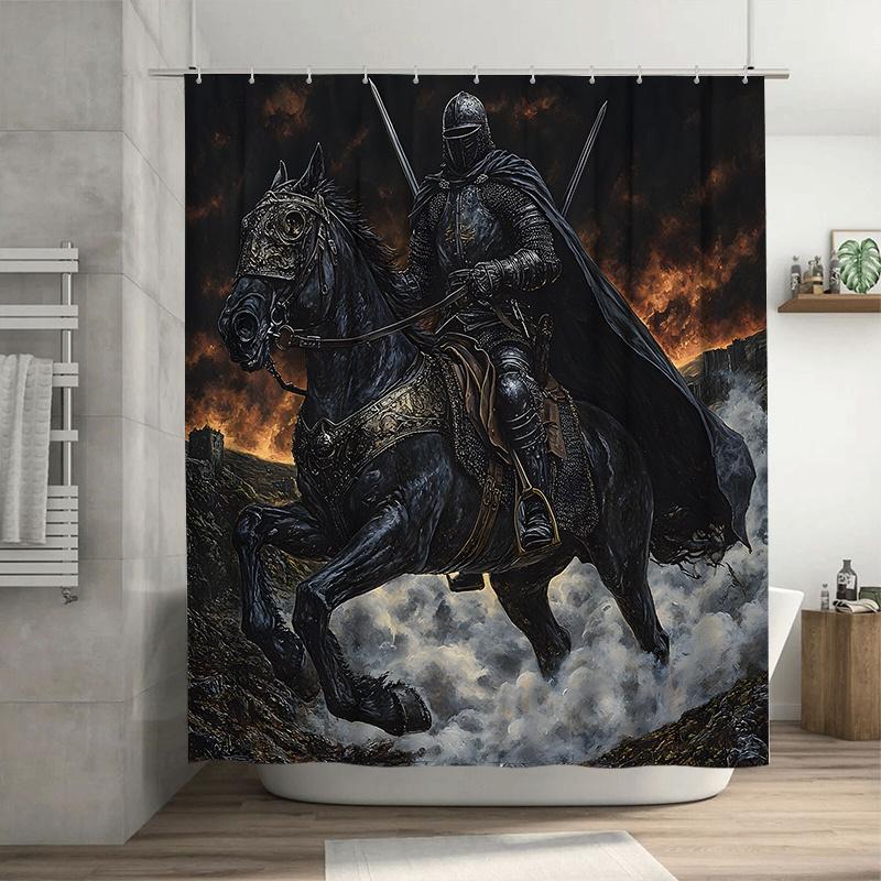 1pc Black Knight Medieval Fantasy Shower Curtain - Extra Large 177.8x177.8 cm Durable Polyester Fabric with 12 Hooks, Machine