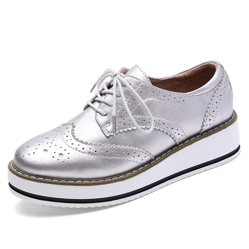 Women's Oxford Flats - Genuine Leather Wingtips Lace-Up Comfort Brogue Derby Patent Platform Casual Shoes for Spring Autumn