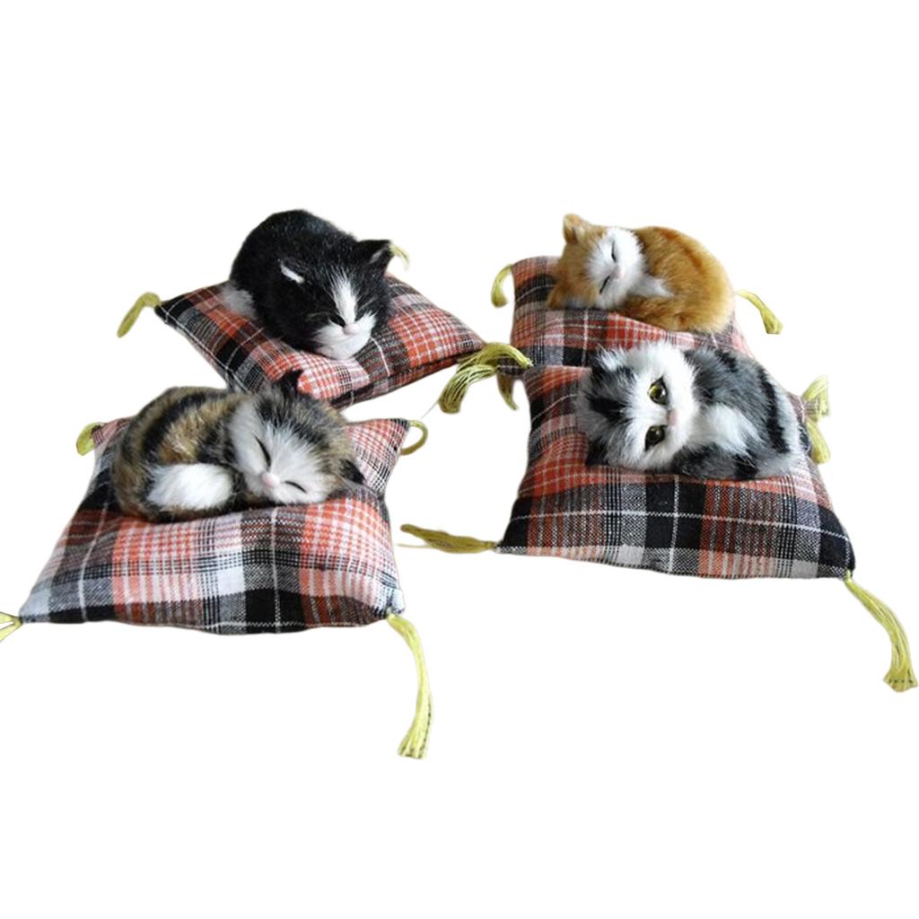 Realistic Sleep Plush Cats Doll Furry Animal Statue with Soft Mat Bed Stuffed Pet Doll for Kids Adults Birthday Gift