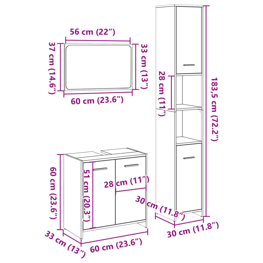 3 Piece Bathroom Furniture Set Sonoma Oak Wood Based Material