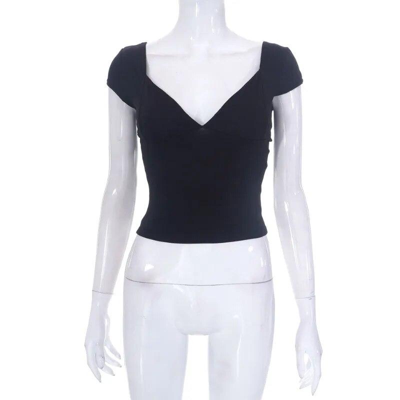 

Лето 2024, однотонная сексуальная женская футболка с открытой спиной и v-образным вырезом, повседневные футболки с коротким рукавом и низким вырезом, женские тонкие элегантные укороченные футболки 30617 XL чёрный