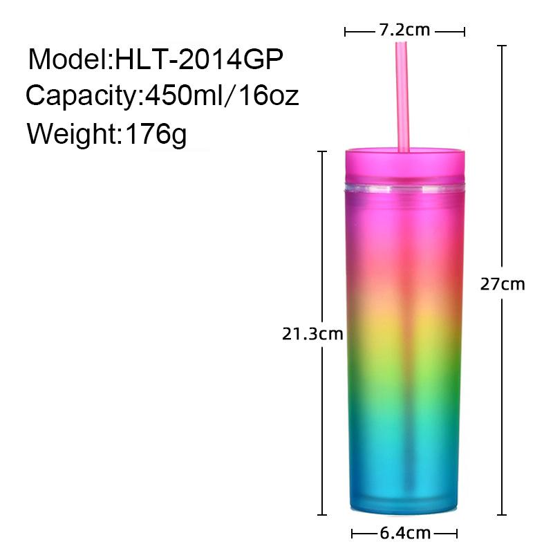 Gradual Change Color Rainbow Color Water Cup Straight Skinny Double Layer Plastic Cup Color Straw Cup