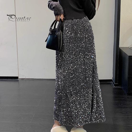 Solid Color Skirt Women Shiny Sequin Decoration Midi Elastic Soft Fabric High Waist Back Slit Design Beach Weddings Comfortable