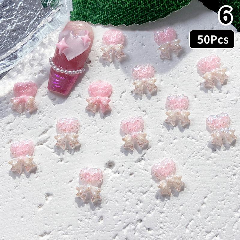 

50Pcs Pink Series Bow Heart Resin Nail Charms 3D Luminous Double Butterfly Peach Heart Sweet Wind Nail Art Decorations Diy Nails