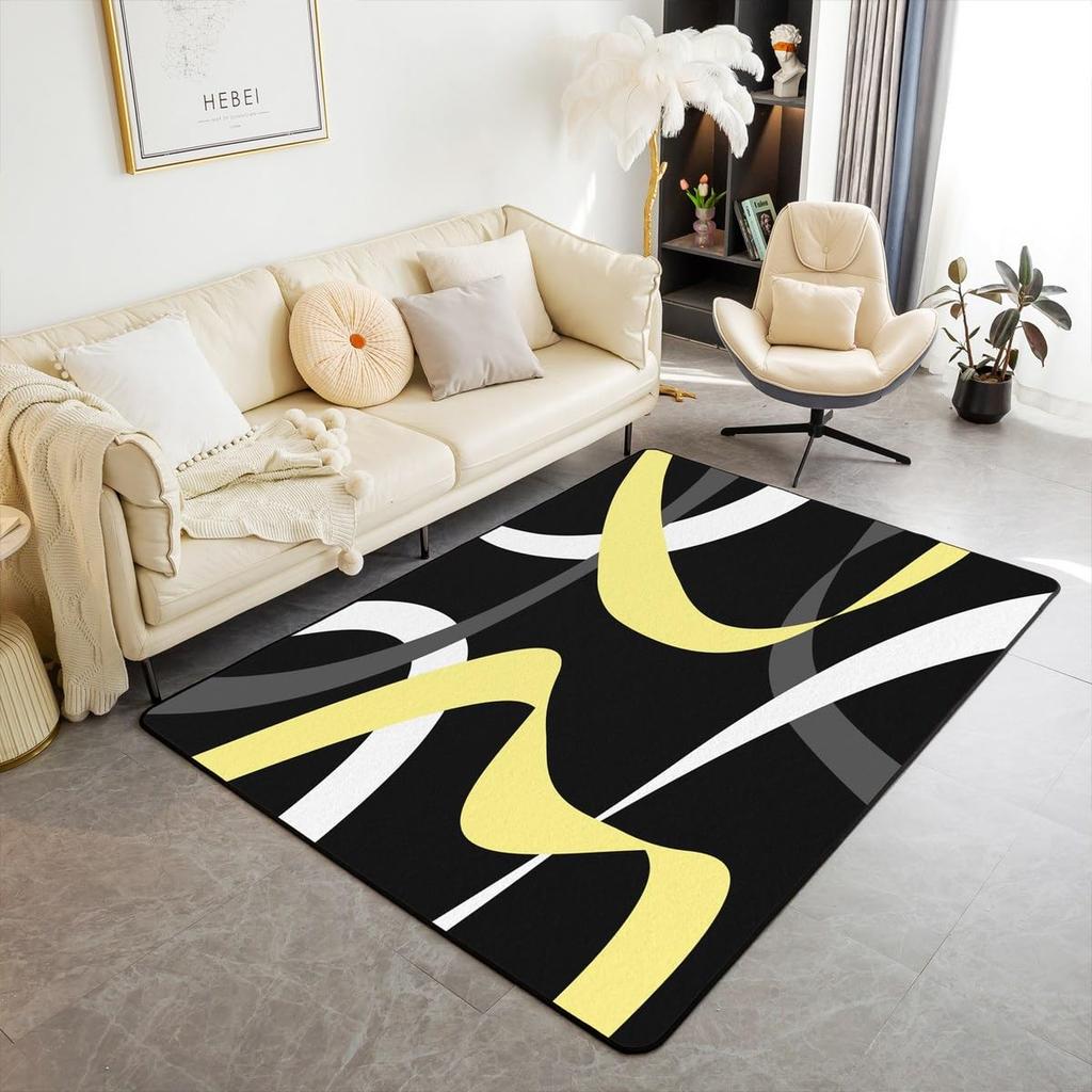 Modern Abstract Curve Print Area Rug, Black Pink & White Design Non-Slip Floor Mat for Living Room Bedroom Home Decor Carpet