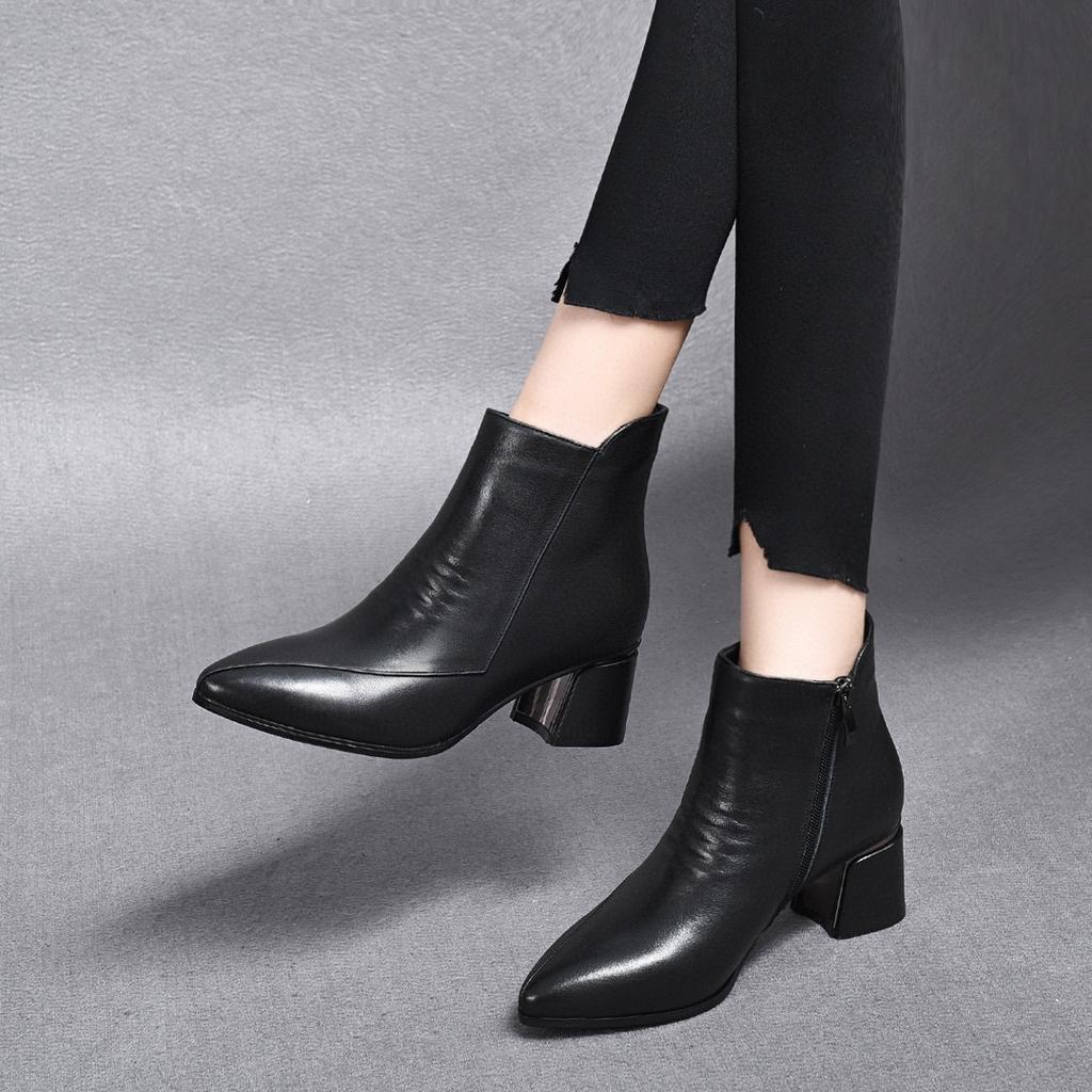 Leather boots women's 2025 autumn and winter new pointed thick heel European and American style short boots comfortable cowhide black thin women's fa