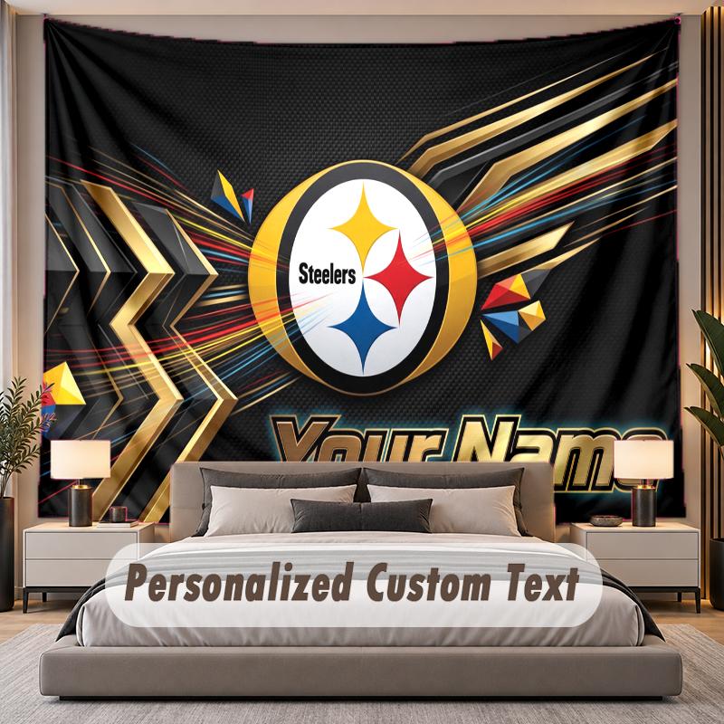Custom Name Text Tapestry Pittsburgh Steelers Personalized Polyester Wall Tapestry For Bedroom And Room