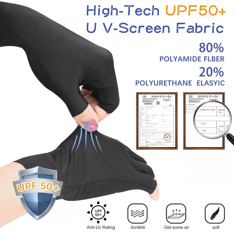 UV Protection Gloves for Gel Manicure UPF50+ Breathable Stretch with Extended Wrist Black 2 Pairs