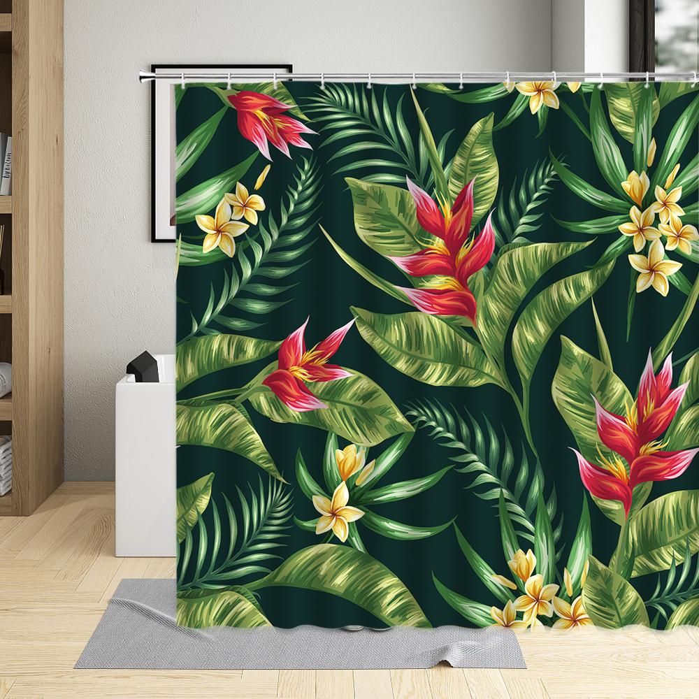 Tropical Plant Green leave Shower Curtain Banana Leaf Monstera Flower Scenery Bathroom Bath Curtains Decor Fabric With Hooks Set