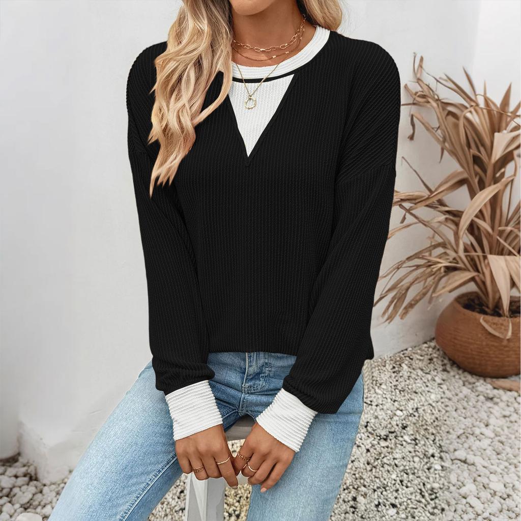 Women's Casual Loose Colorblock Round Neck Long Sleeve Twisted Stripe Sweatshirt
