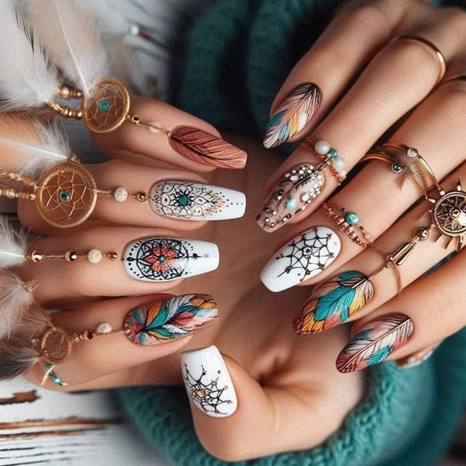 

Яркий градиентный набор накладных ногтей с перьями, акриловые ногти, полное покрытие, наклейки для ногтей, маникюр, нейл-арт для легкого нанесения