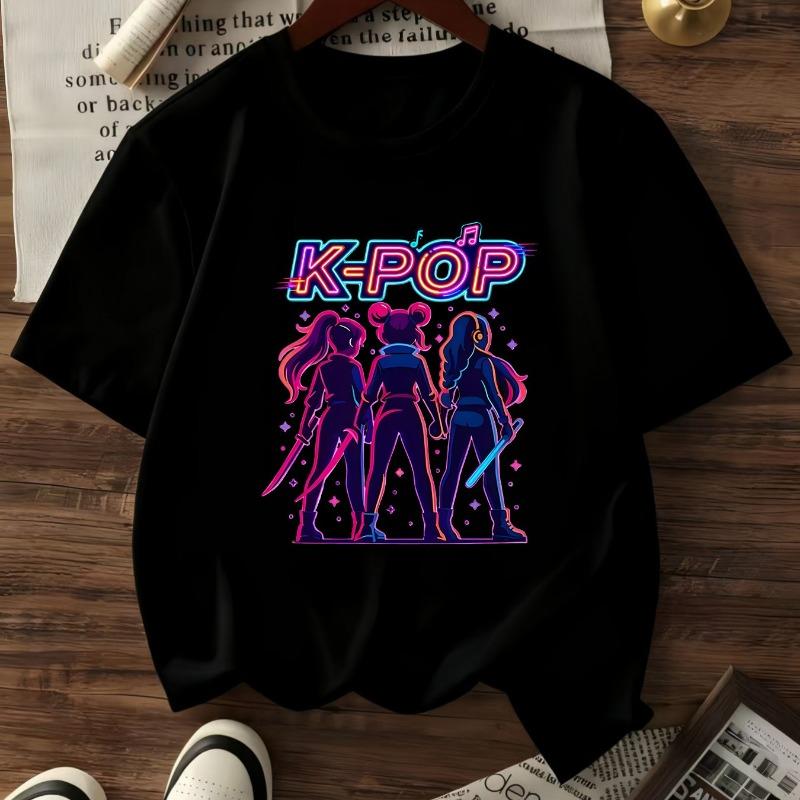 Girls Crewneck Short Sleeve Tee, K-Pop Girl Group Character Print Casual Sport Fashion Summer Top
